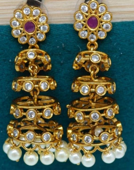 3 Layer Gold-Finish Jhumka Earrings with Pearl Drops