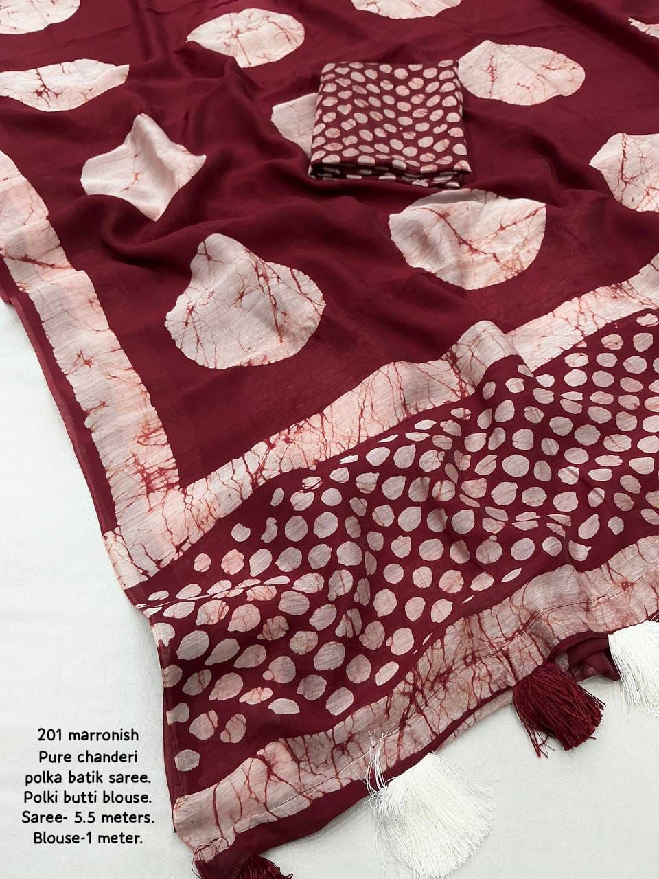Magic Maroon Colored Cotton Pure Chanderi Batik Polka Saree with Tassel Pallu – Handcrafted Premium Cotton Saree