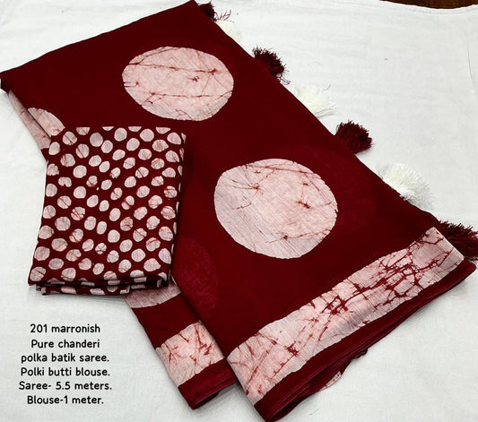 Magic Maroon Colored Cotton Pure Chanderi Batik Polka Saree with Tassel Pallu – Handcrafted Premium Cotton Saree