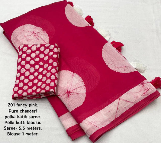 Magic Rani Pink Colored Cotton Pure Chanderi Batik Polka Saree with Tassel Pallu – Handcrafted Premium Cotton Saree