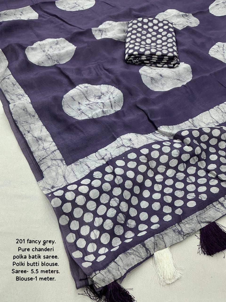 Magic Purple Colored Cotton Pure Chanderi Batik Polka Saree with Tassel Pallu – Handcrafted Premium Cotton Saree