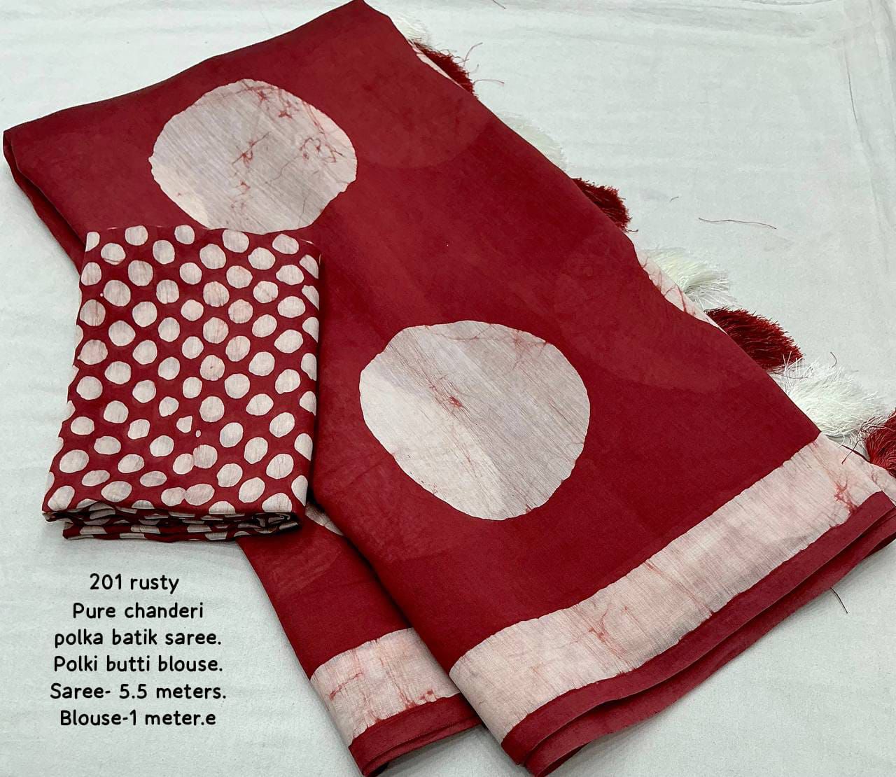 Magic Maroon Colored Cotton Pure Chanderi Batik Polka Saree with Tassel Pallu – Handcrafted Premium Cotton Saree