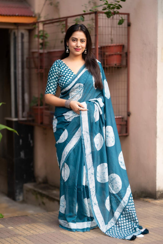 Magic Rama Colored Cotton Pure Chanderi Batik Polka Saree with Tassel Pallu – Handcrafted Premium Cotton Saree