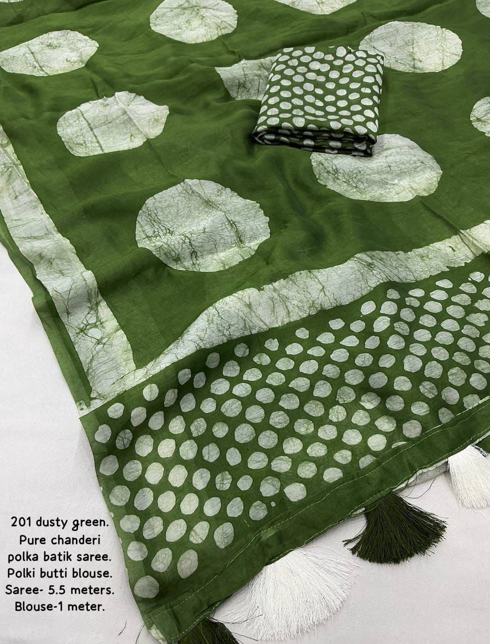 Magic Light Green Colored Cotton Pure Chanderi Batik Polka Saree with Tassel Pallu – Handcrafted Premium Cotton Saree