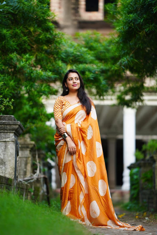 Magic Yellow Colored Cotton Pure Chanderi Batik Polka Saree with Tassel Pallu – Handcrafted Premium Cotton Saree