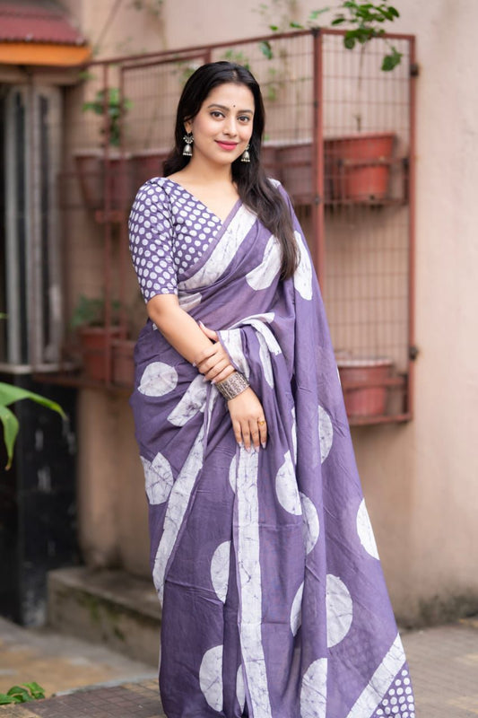 Magic Purple Colored Cotton Pure Chanderi Batik Polka Saree with Tassel Pallu – Handcrafted Premium Cotton Saree