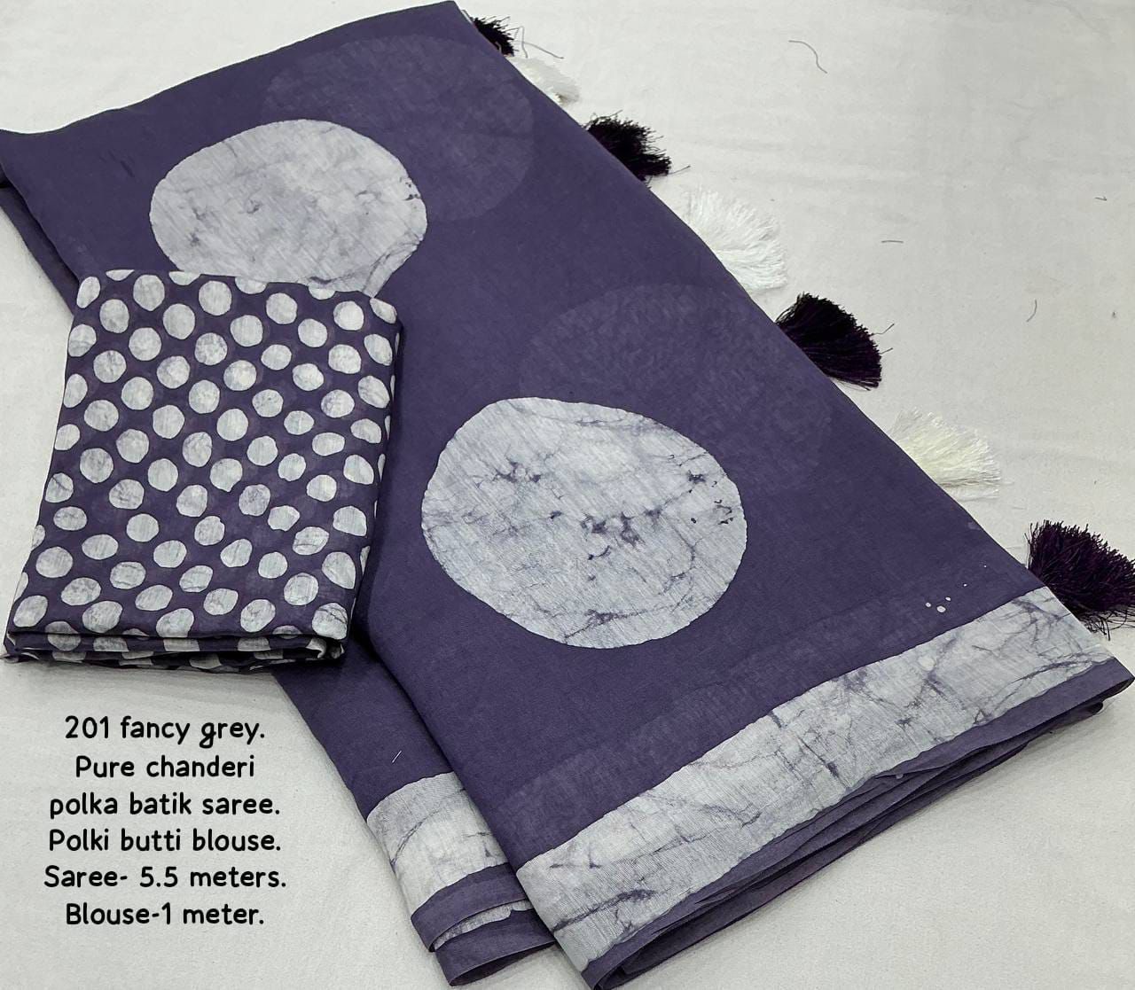 Magic Purple Colored Cotton Pure Chanderi Batik Polka Saree with Tassel Pallu – Handcrafted Premium Cotton Saree