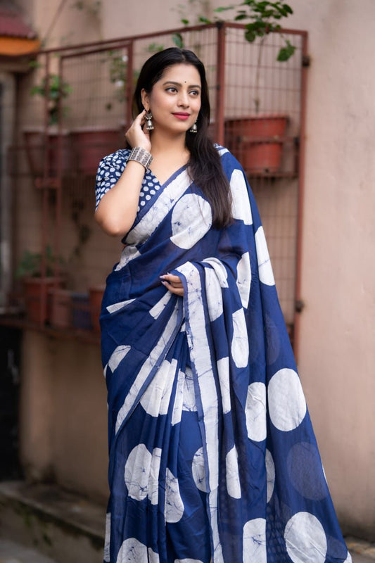 Magic Navy Blue Colored Cotton Pure Chanderi Batik Polka Saree with Tassel Pallu – Handcrafted Premium Cotton Saree