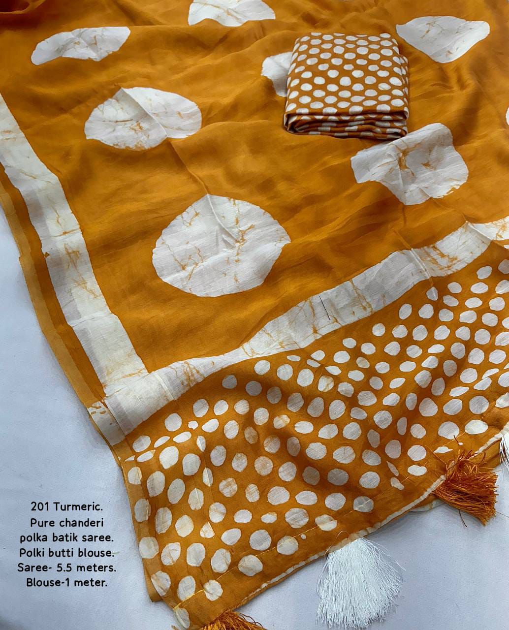 Magic Yellow Colored Cotton Pure Chanderi Batik Polka Saree with Tassel Pallu – Handcrafted Premium Cotton Saree
