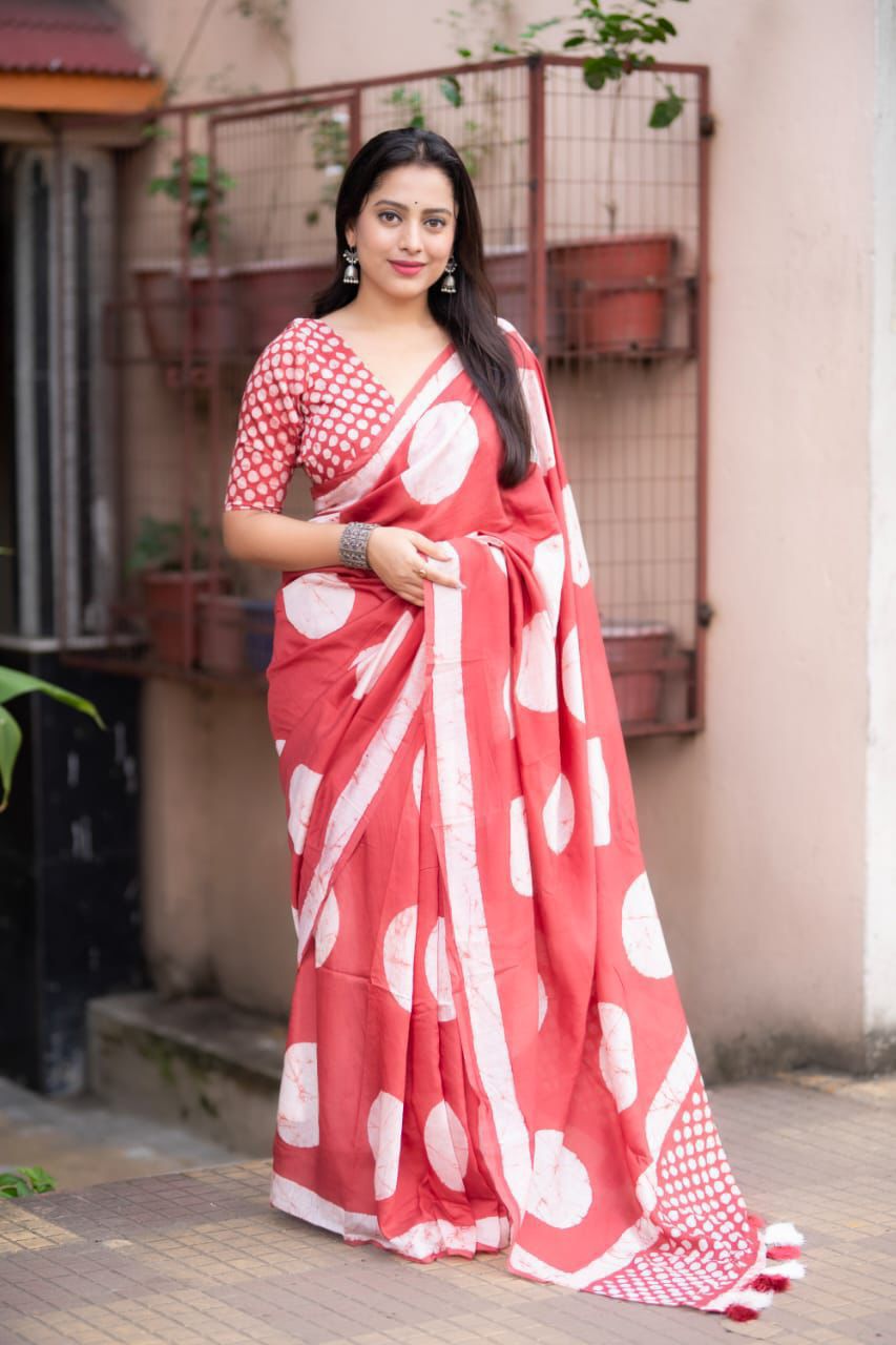 Magic Pink Colored Cotton Pure Chanderi Batik Polka Saree with Tassel Pallu – Handcrafted Premium Cotton Saree