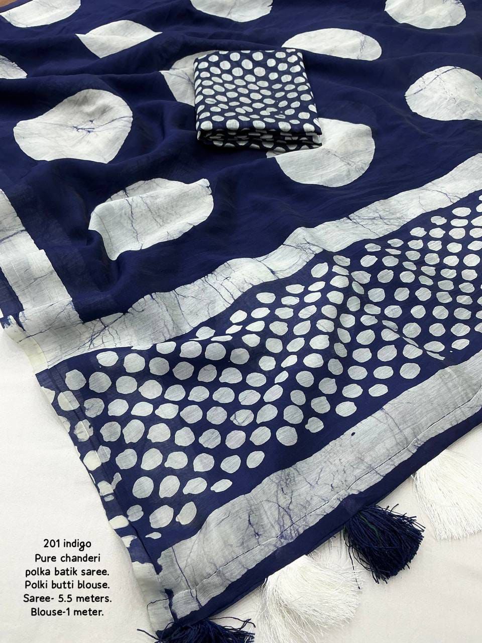 Magic Navy Blue Colored Cotton Pure Chanderi Batik Polka Saree with Tassel Pallu – Handcrafted Premium Cotton Saree