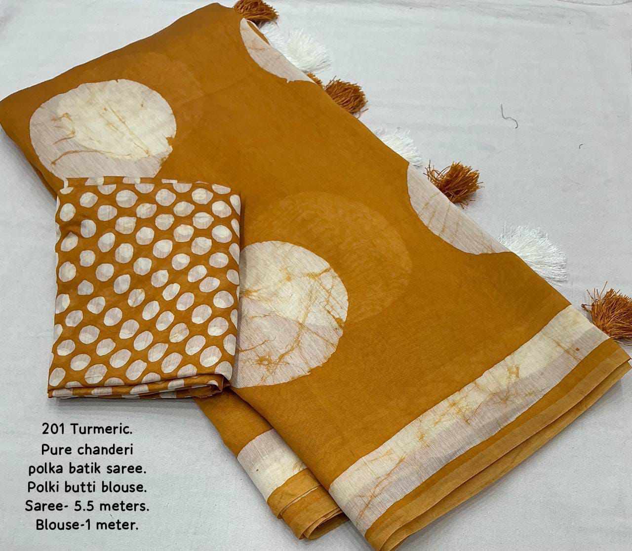 Magic Yellow Colored Cotton Pure Chanderi Batik Polka Saree with Tassel Pallu – Handcrafted Premium Cotton Saree