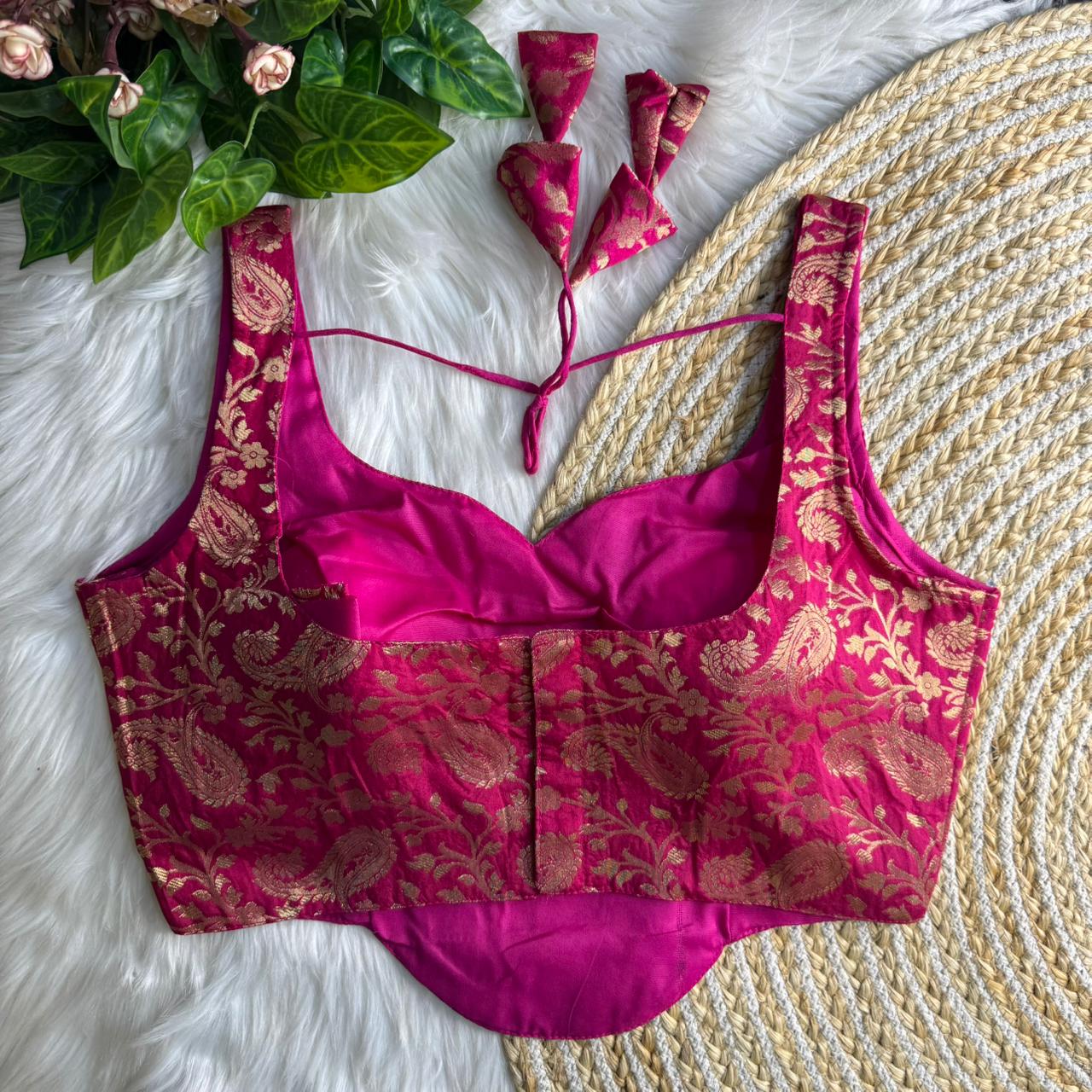 Heavy Rani Pink Colored Banarasi Blouse with Jari Work & Latkans – Padded Partywear Back Open Blouse