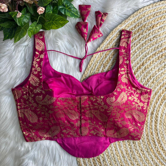Heavy Rani Pink Colored Banarasi Blouse with Jari Work & Latkans – Padded Partywear Back Open Blouse
