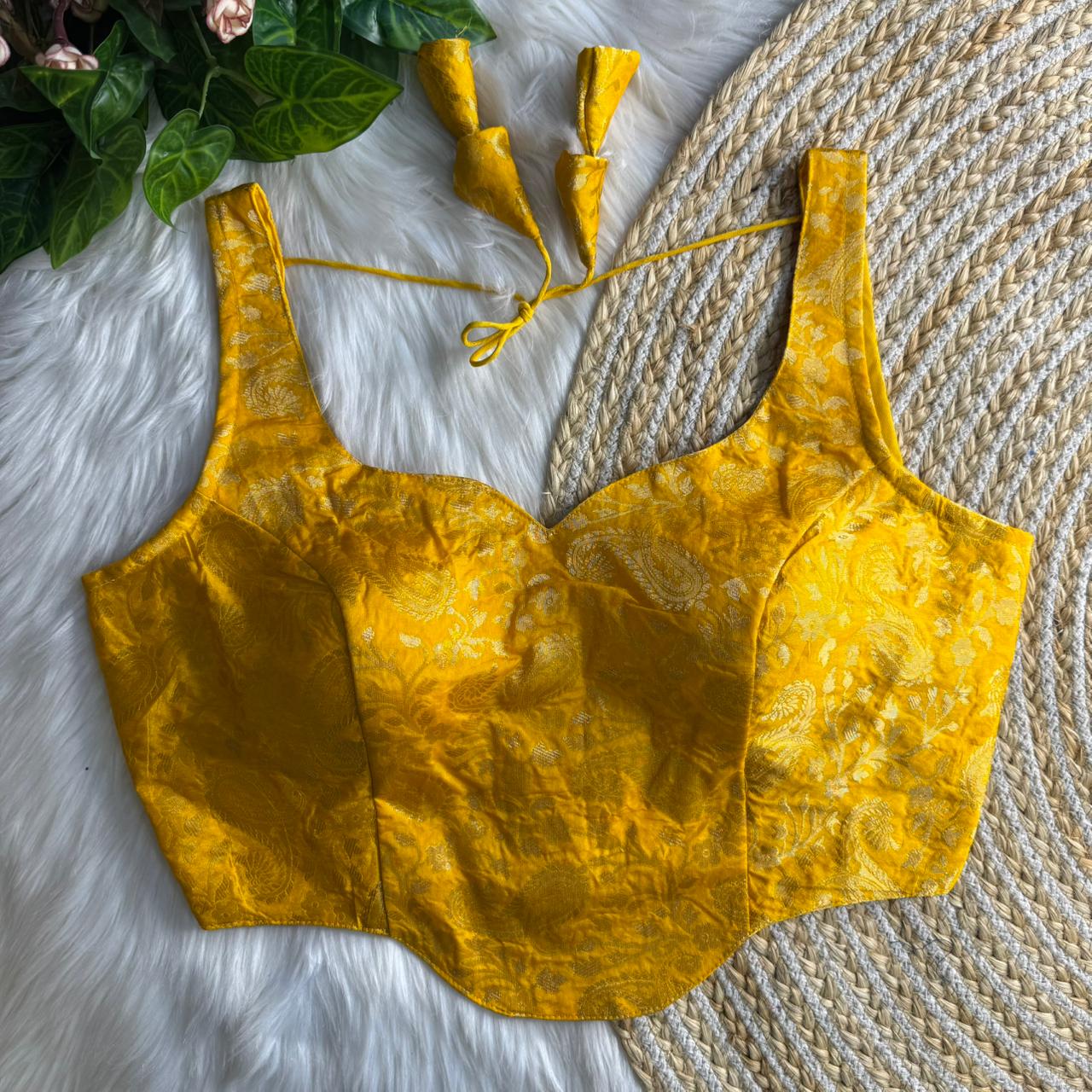 Heavy Turmeric Yellow Colored Banarasi Blouse with Jari Work & Latkans – Padded Partywear Back Open Blouse
