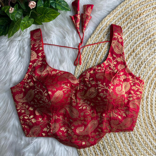 Heavy Blood Red Colored Banarasi Blouse with Jari Work & Latkans – Padded Partywear Back Open Blouse