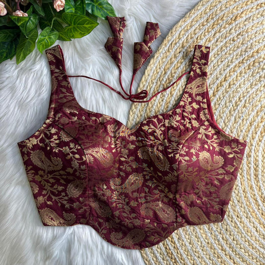 Heavy Maroon Colored Banarasi Blouse with Jari Work & Latkans – Padded Partywear Back Open Blouse