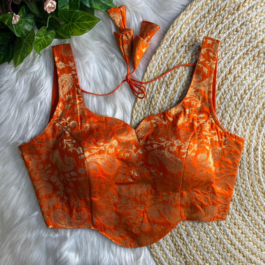 Heavy Orange Colored Banarasi Blouse with Jari Work & Latkans – Padded Partywear Back Open Blouse