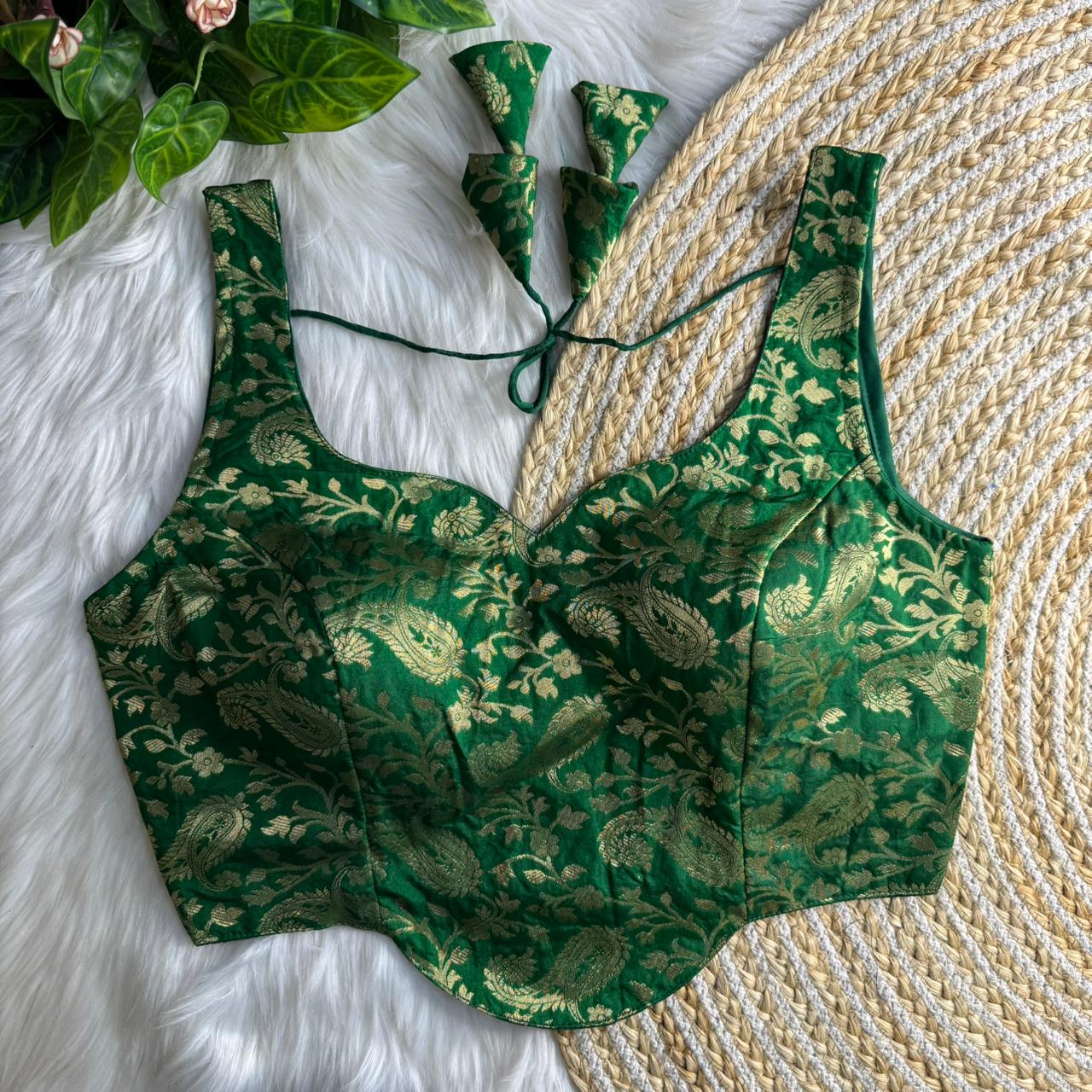Heavy Green Colored Banarasi Blouse with Jari Work & Latkans – Padded Partywear Back Open Blouse