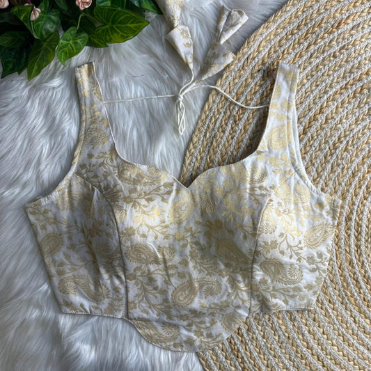 Heavy Off-White Colored Banarasi Blouse with Jari Work & Latkans – Padded Partywear Back Open Blouse