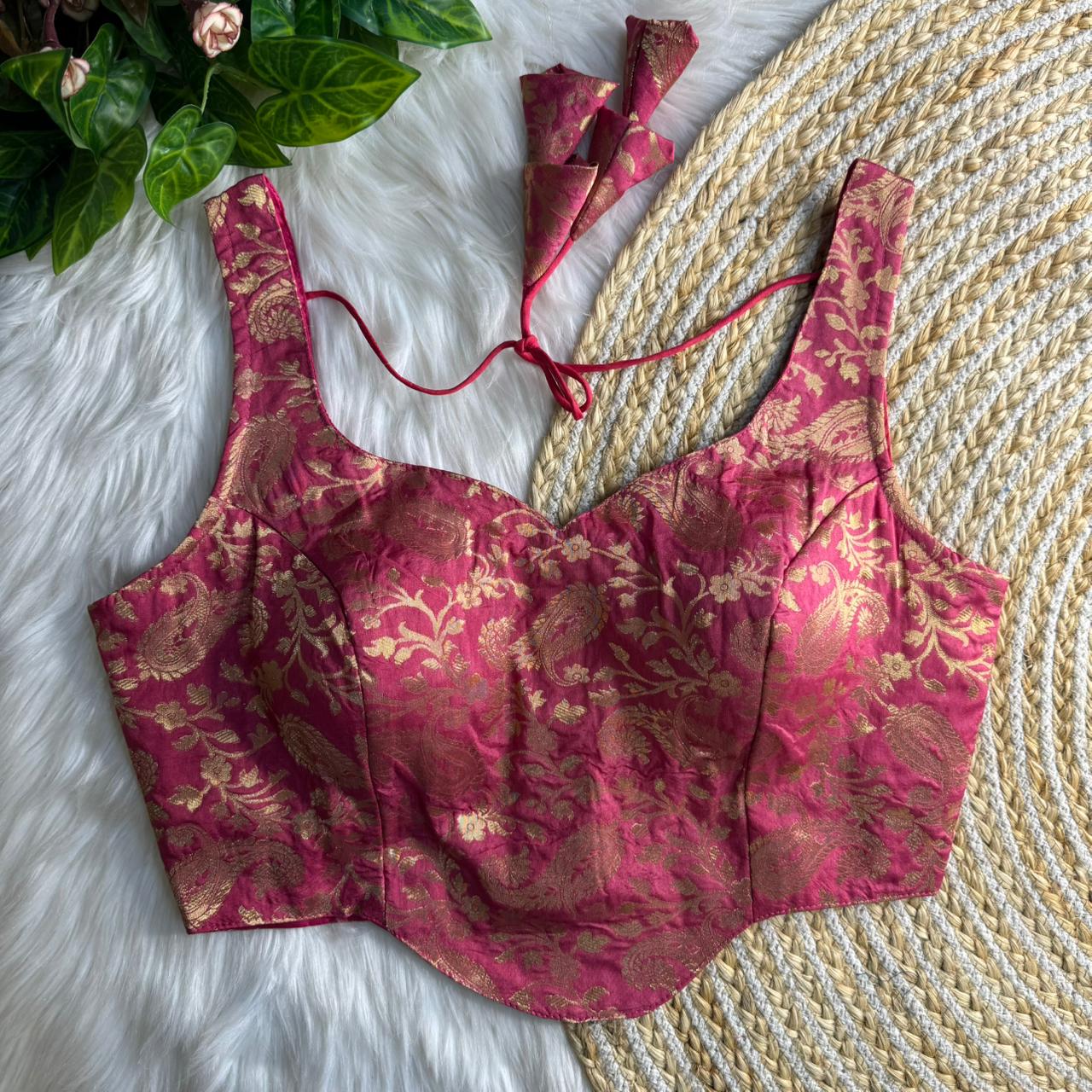 Heavy Dark Pink Colored Banarasi Blouse with Jari Work & Latkans – Padded Partywear Back Open Blouse