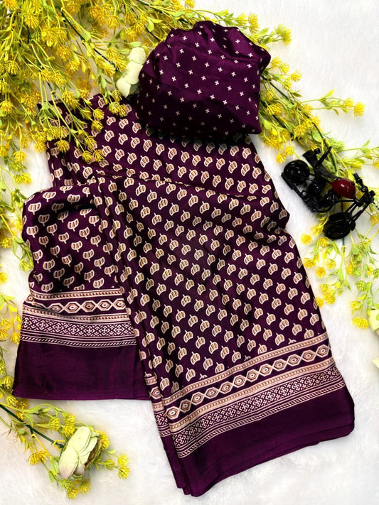 Premium Purple Colored Ajrakh Gajji Crepe Silk Saree with Blouse – Pure Crepe Silk Designer Saree (6.30m)