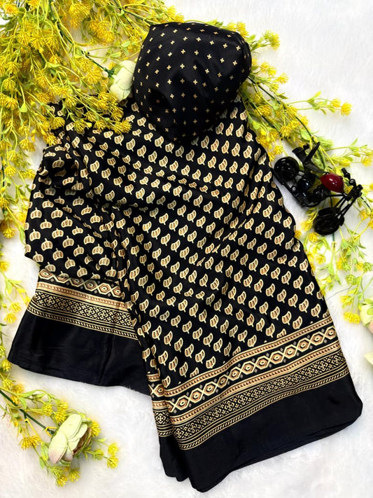 Premium Black Colored Ajrakh Gajji Crepe Silk Saree with Blouse – Pure Crepe Silk Designer Saree (6.30m)