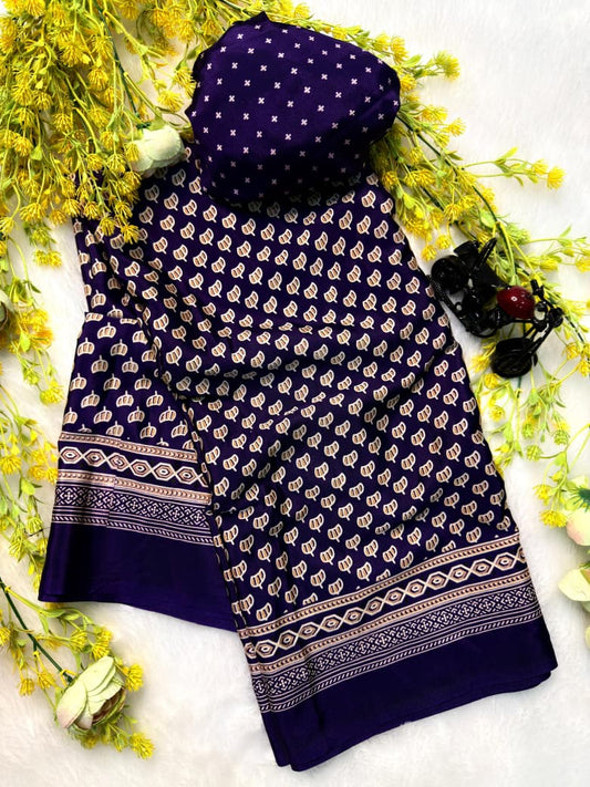 Premium Navy Blue Colored Ajrakh Gajji Crepe Silk Saree with Blouse – Pure Crepe Silk Designer Saree (6.30m)