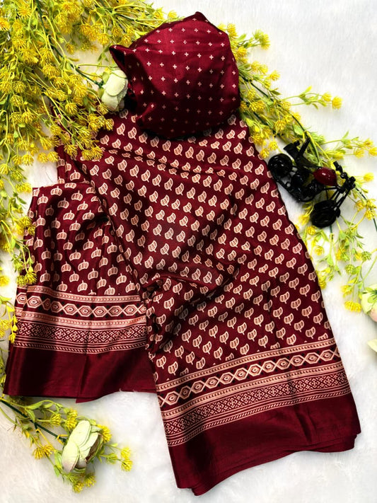 Premium Maroon Colored Ajrakh Gajji Crepe Silk Saree with Blouse – Pure Crepe Silk Designer Saree (6.30m)