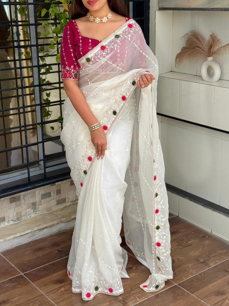Rakhi Designer Velvet Cutting Work Saree in Super Sonic Crush with Zari, Sequins & Pearl Lace – Festive Party Wear