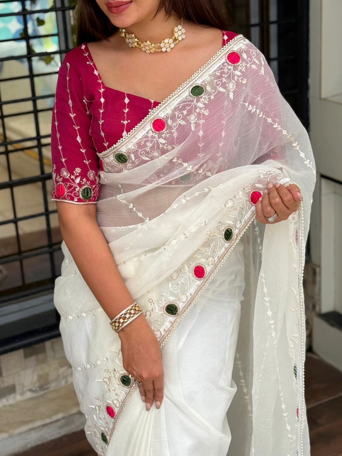 Rakhi Designer Velvet Cutting Work Saree in Super Sonic Crush with Zari, Sequins & Pearl Lace – Festive Party Wear