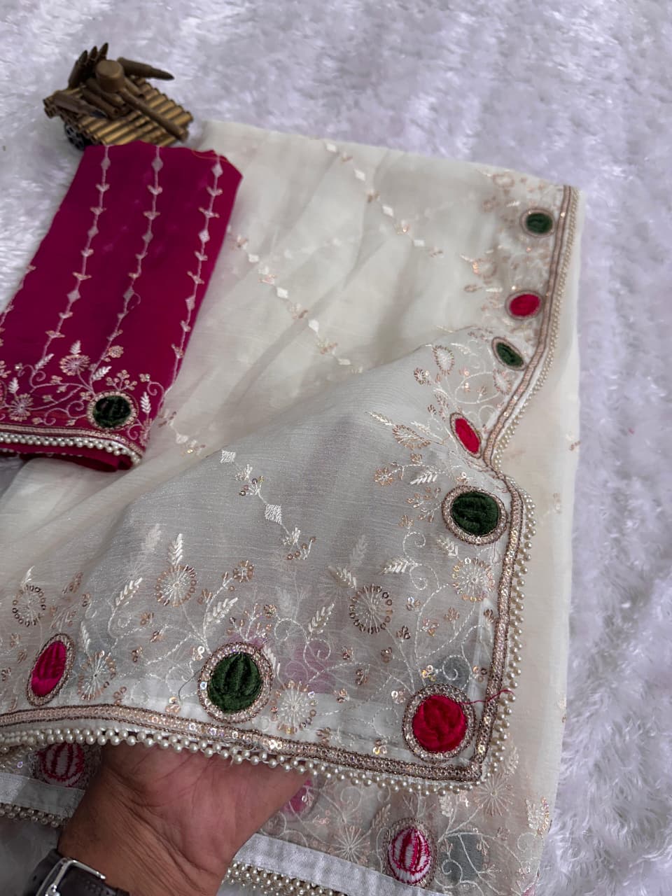 Rakhi Designer Velvet Cutting Work Saree in Super Sonic Crush with Zari, Sequins & Pearl Lace – Festive Party Wear