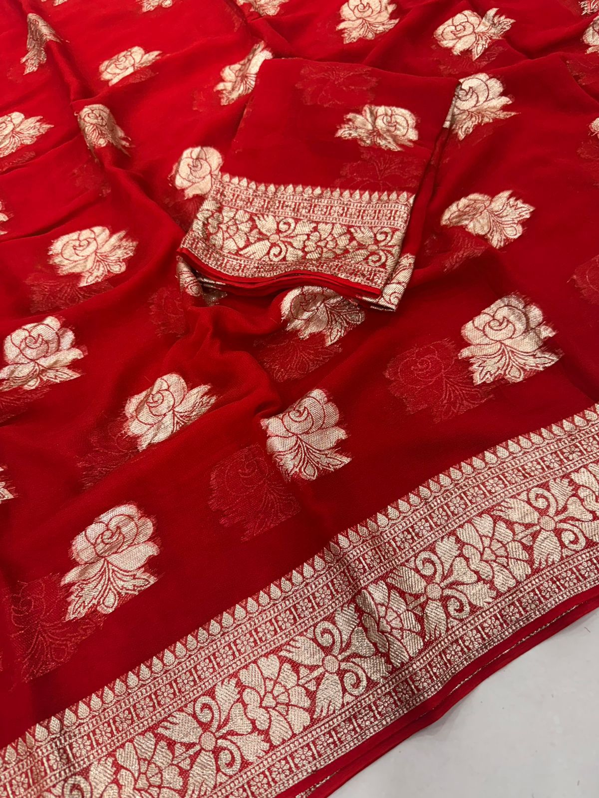 Premium Blood Red Colored Viscose Georgette Saree with Running Blouse – Lightweight Elegant Daily & Festive Wear Saree