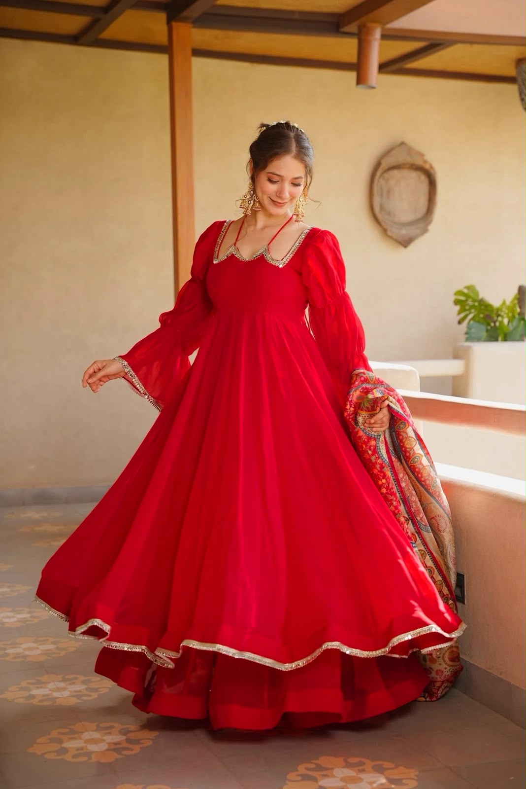 Premium Tabby Silk Anarkali Suit Set with Plazzo & Digital Printed Dupatta