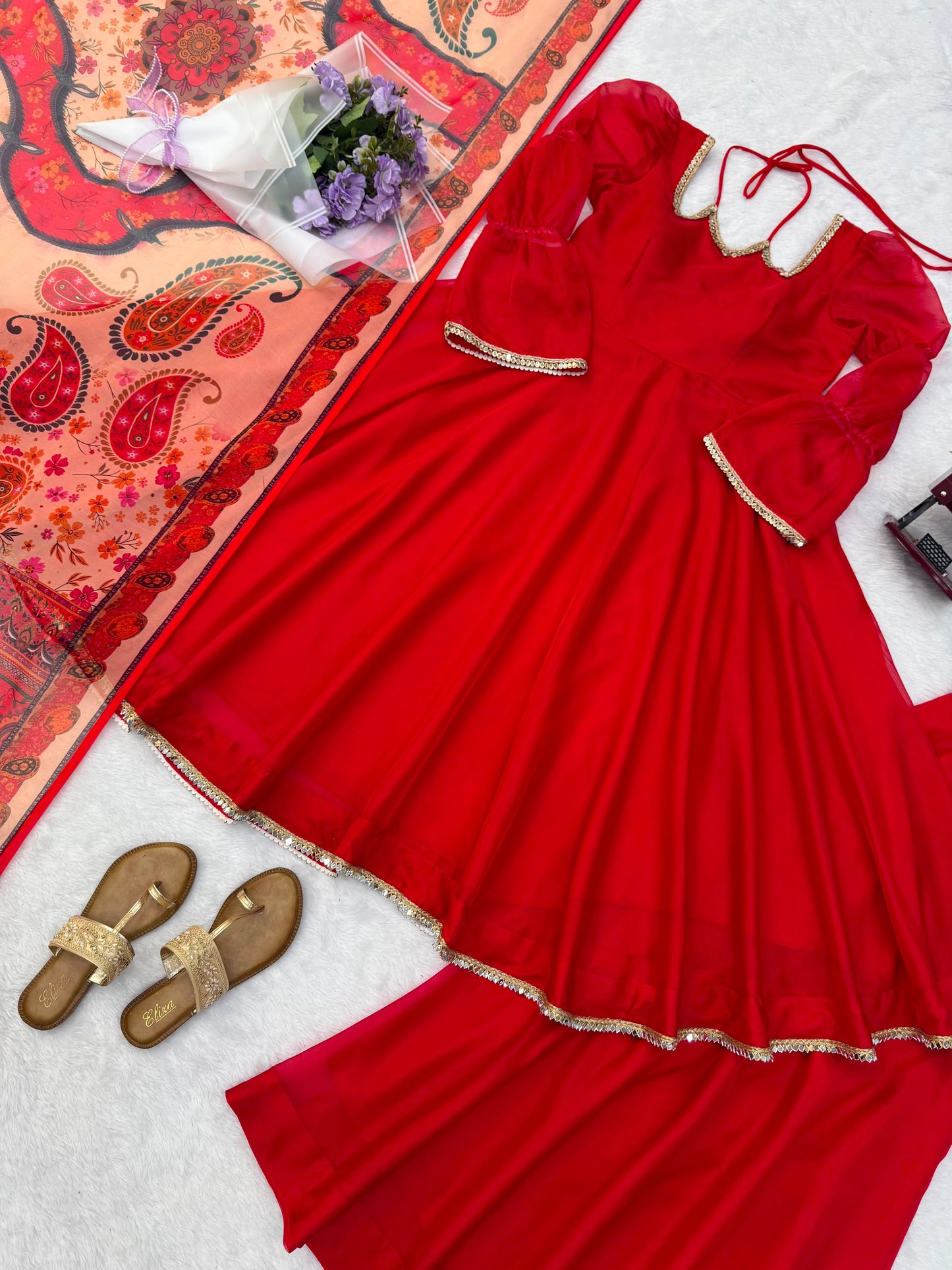 Premium Tabby Silk Anarkali Suit Set with Plazzo & Digital Printed Dupatta