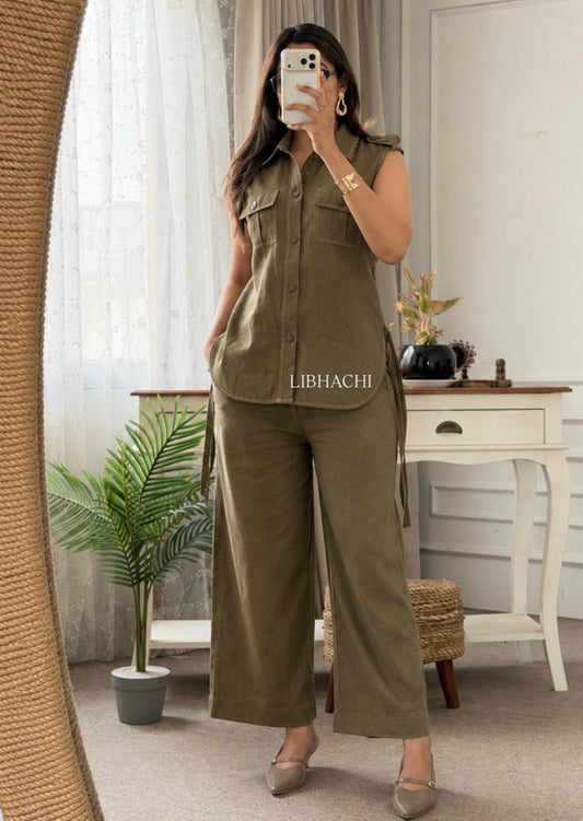 Premium Dark Green Colored Cotton Flax Co-Ord Set for Women with Adjustable Back Belt & Side Pockets