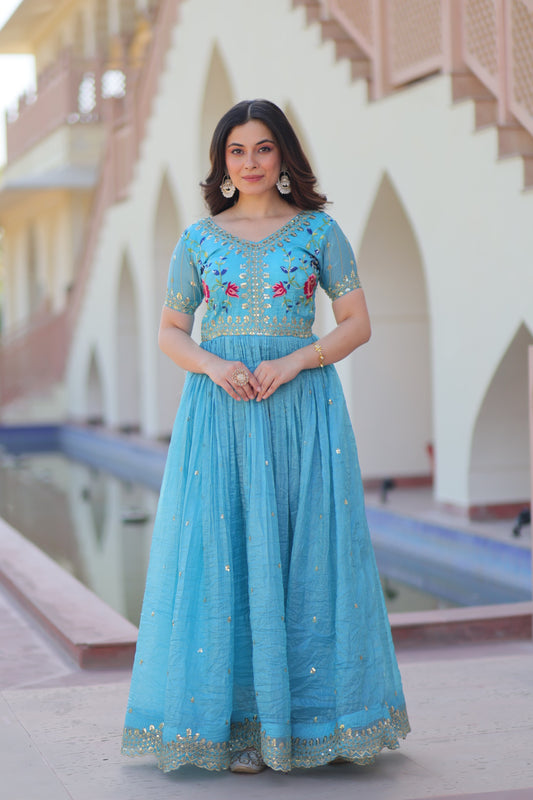 Premium Sky Blue Colored Gold Crush Designer Gown for Women with Multi Thread Embroidery, Zari & Sequins Work