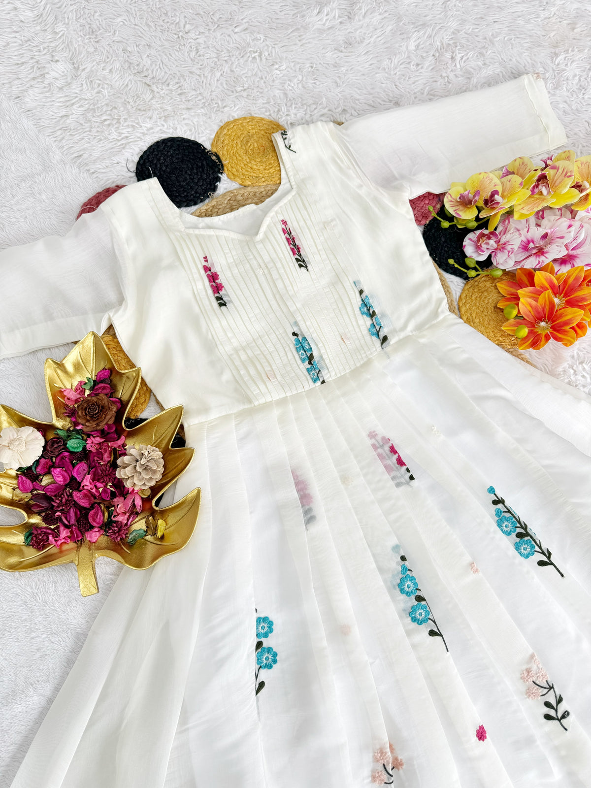 Festival Special Embroidered Mul Cotton White Colored Gown