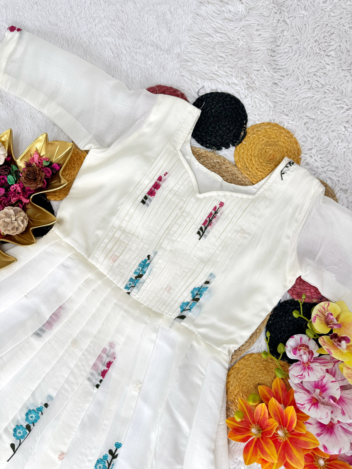 Festival Special Embroidered Mul Cotton White Colored Gown