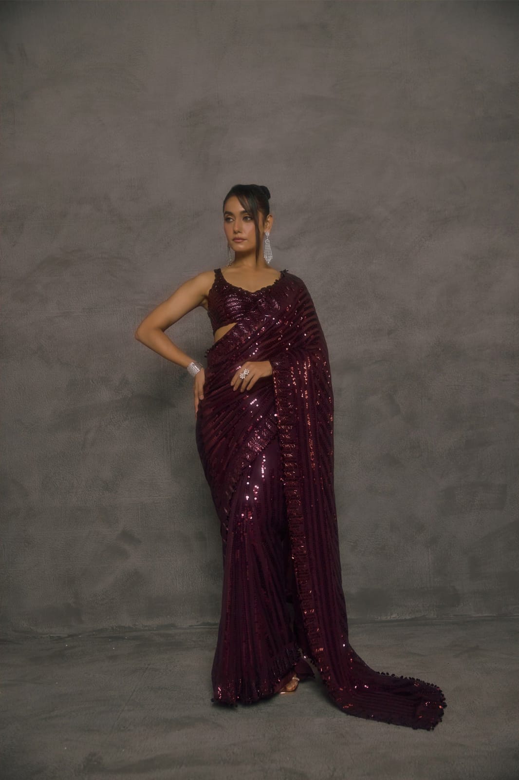 Bollywood Style Maroon Colored Premium Faux Georgette Saree
