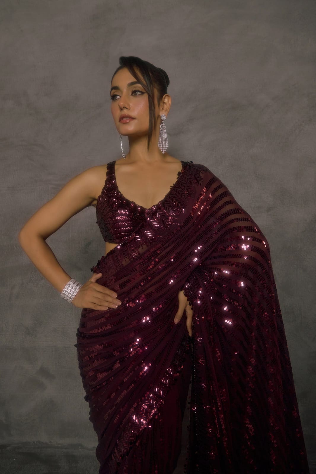 Bollywood Style Maroon Colored Premium Faux Georgette Saree