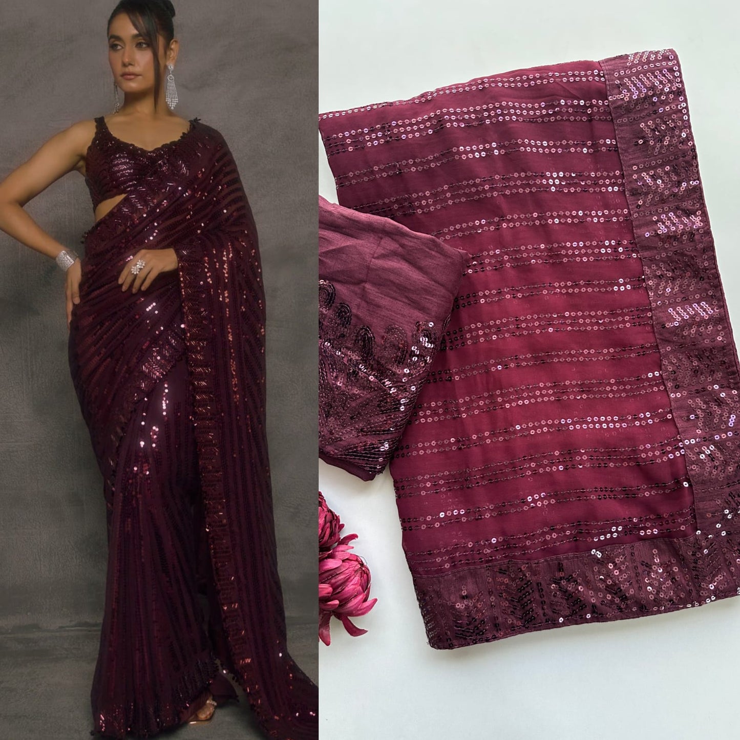 Bollywood Style Maroon Colored Premium Faux Georgette Saree