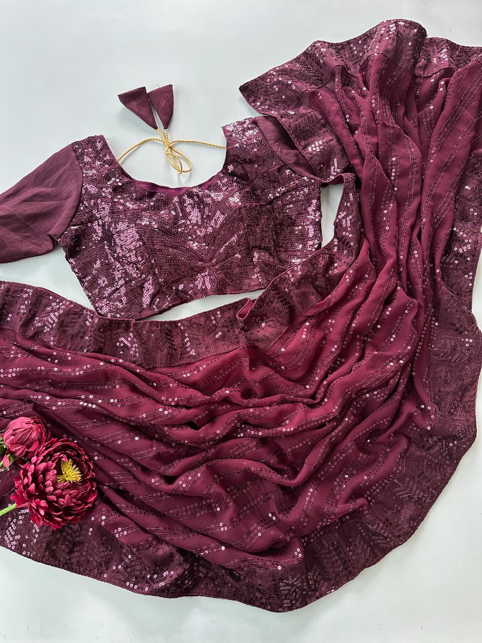 Bollywood Style Maroon Colored Premium Faux Georgette Saree