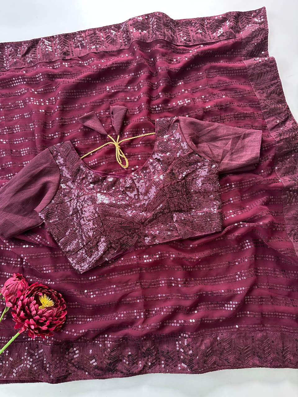 Bollywood Style Maroon Colored Premium Faux Georgette Saree