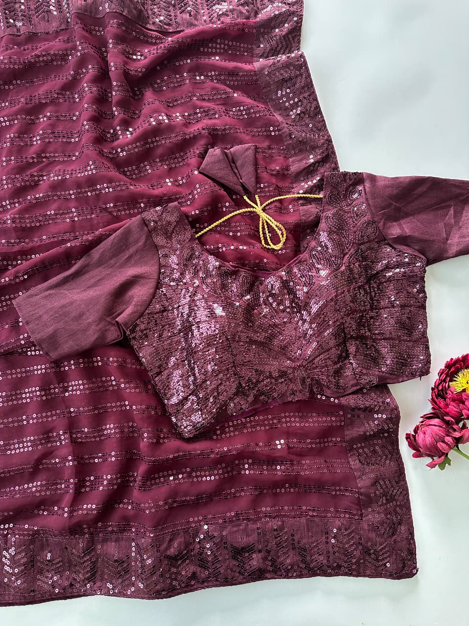 Bollywood Style Maroon Colored Premium Faux Georgette Saree