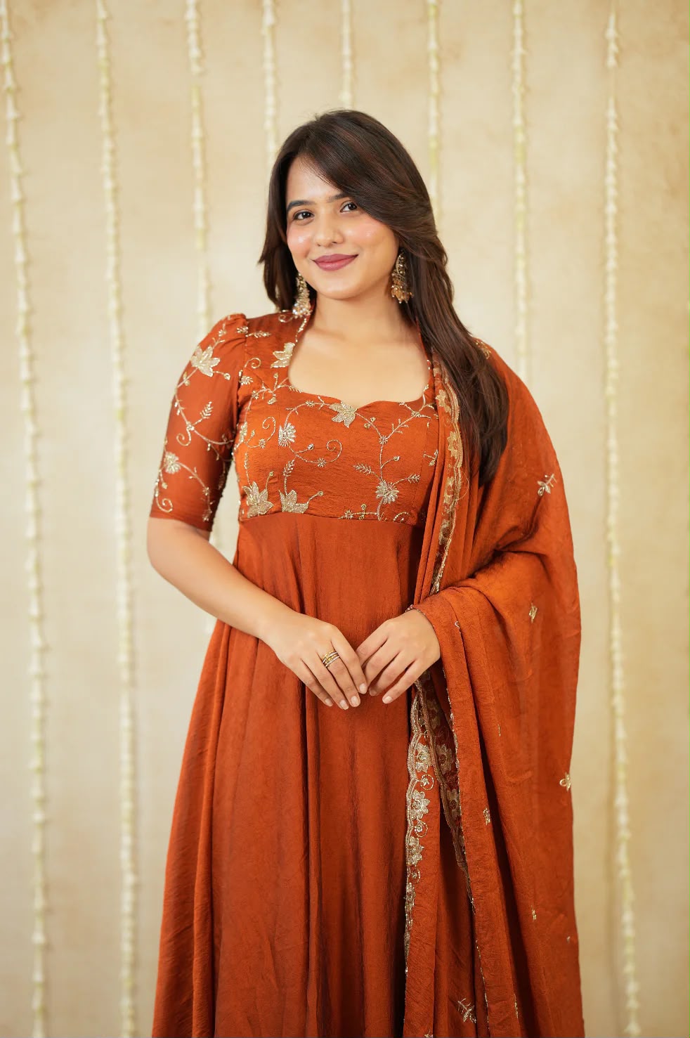 Premium Rust Colored Rangoli Crush Gown with Dupatta