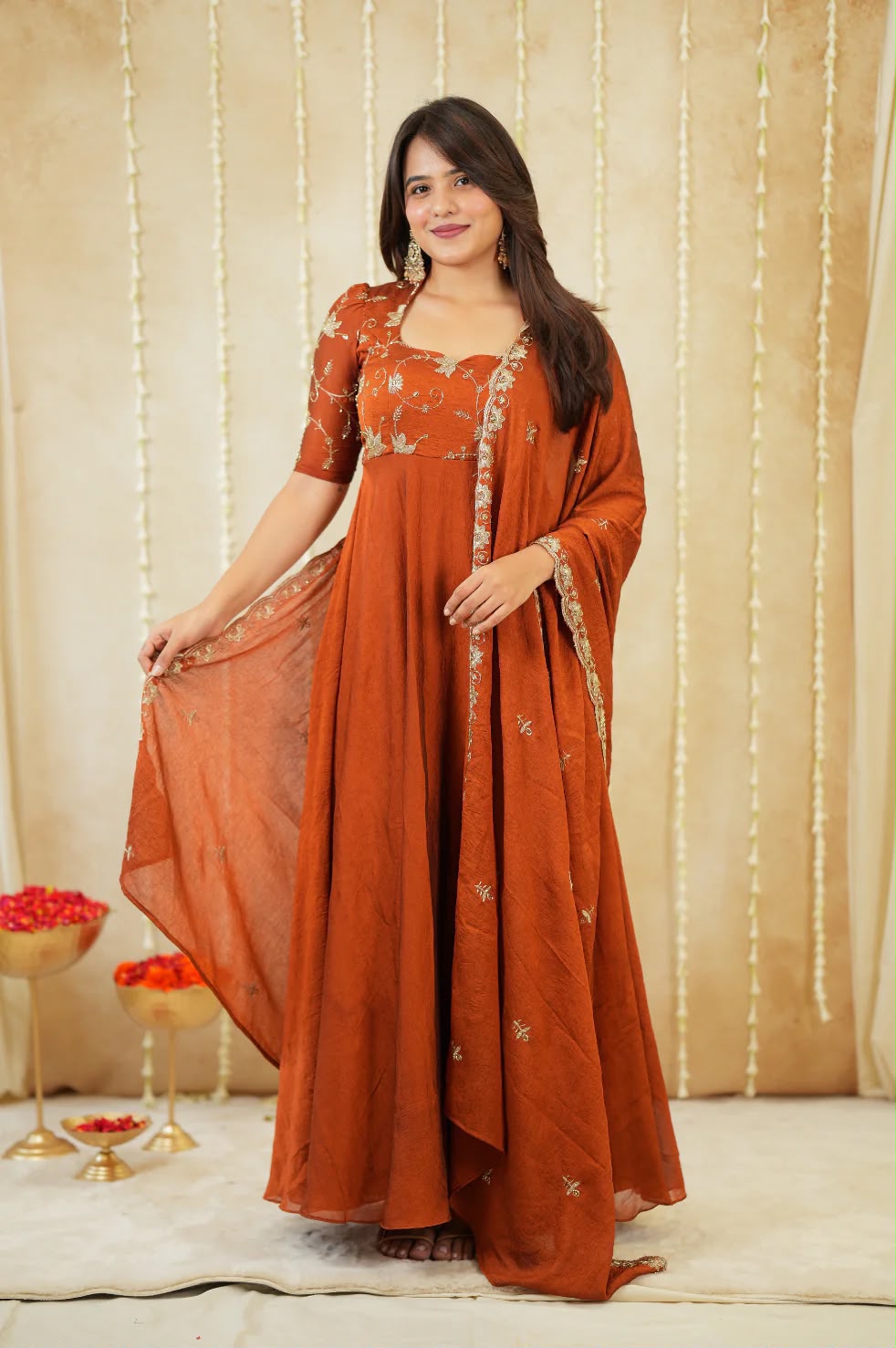 Premium Rust Colored Rangoli Crush Gown with Dupatta