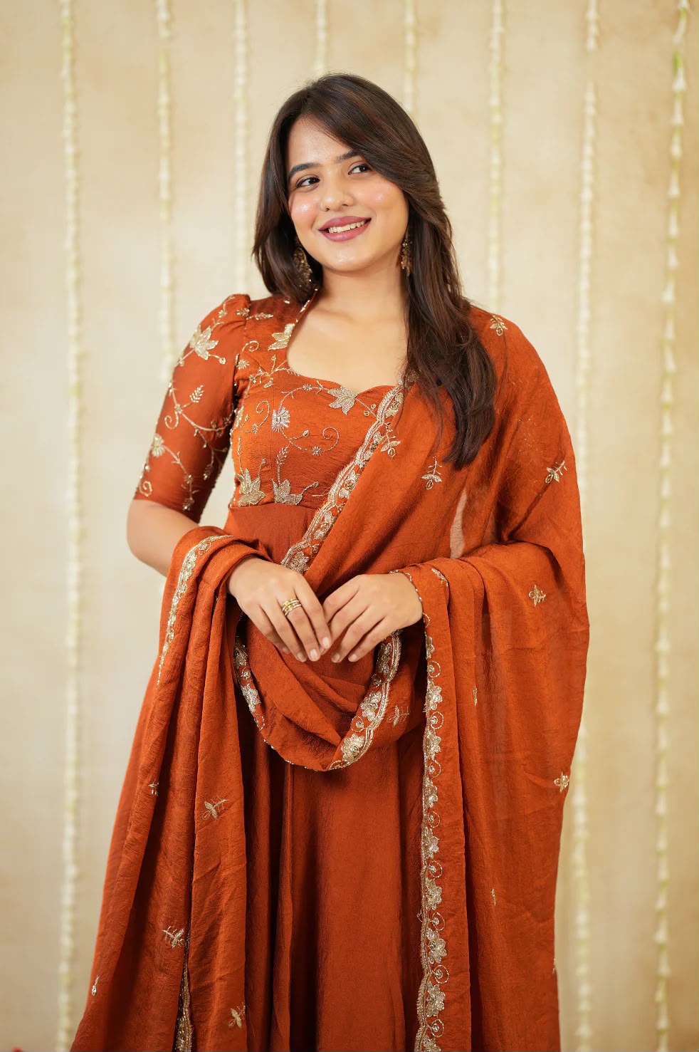 Premium Rust Colored Rangoli Crush Gown with Dupatta