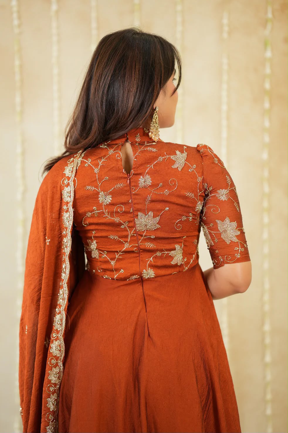 Premium Rust Colored Rangoli Crush Gown with Dupatta