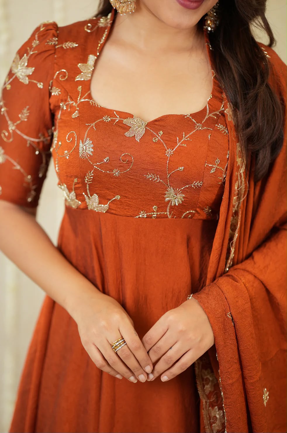 Premium Rust Colored Rangoli Crush Gown with Dupatta